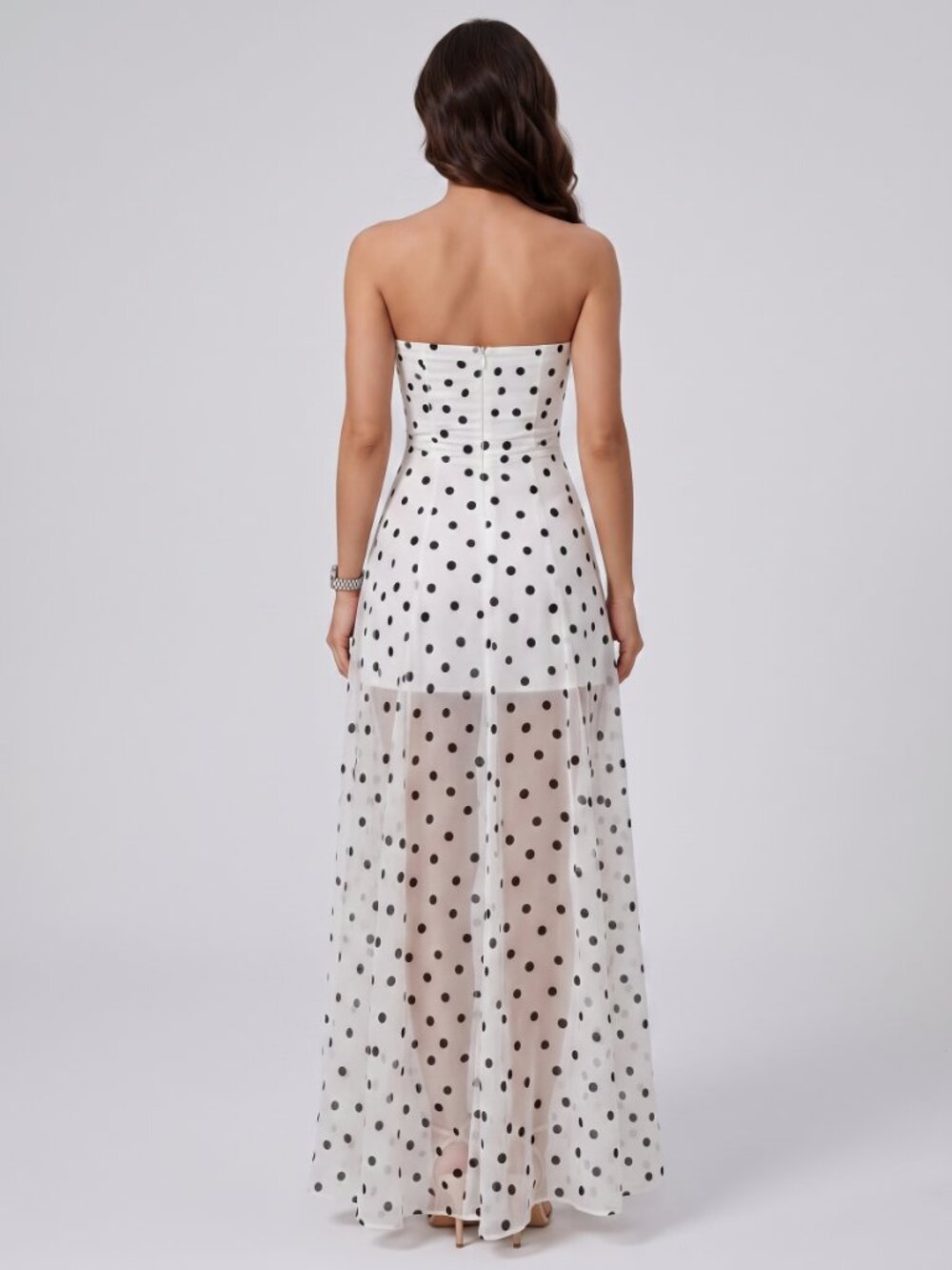 Women's White Black Polka Dot Strapless Chiffon Maxi Dress Vacation Party - Picture 2 of 4